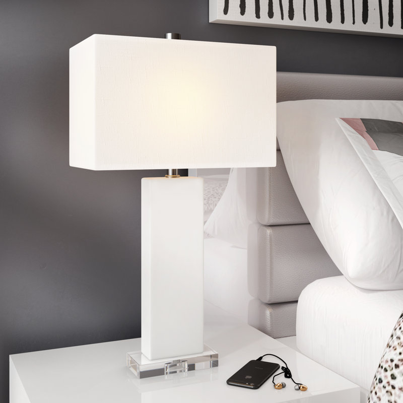 Holtz  27" Contemporary Modern Alabaster Rectangular LED Table Lamp, White Alabaster/Clear