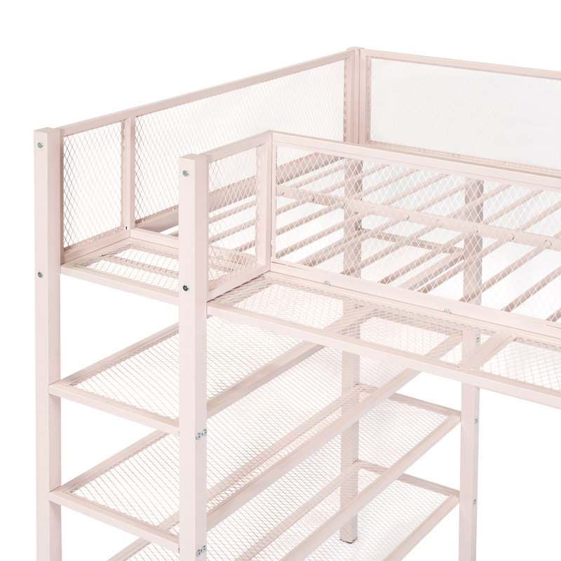 Lit mezzanine en métal avec tablettes à 4 niveaux et rangement, lit plateforme, cadre de lit, Simple, Rose