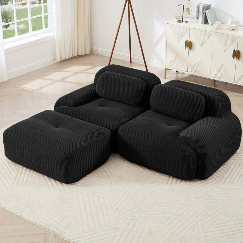 Canapé modulaire en L 82 po avec repose-pieds en velours côtelé, Noir