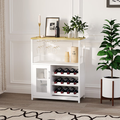 Armoire à vin à 3 niveaux avec lumières DEL et support à vin, armoire à boissons alcoolisées avec rangement, armoire à café avec porte-verre et porte en filet, buffet pour le salon, la salle à manger