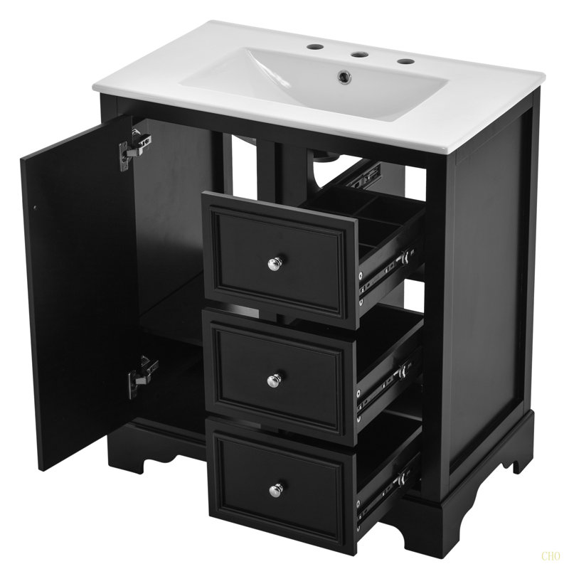 Armoire de meuble-lavabo 30 po avec lavabo en céramique, 3 tiroirs et tablettes réglables, Noir