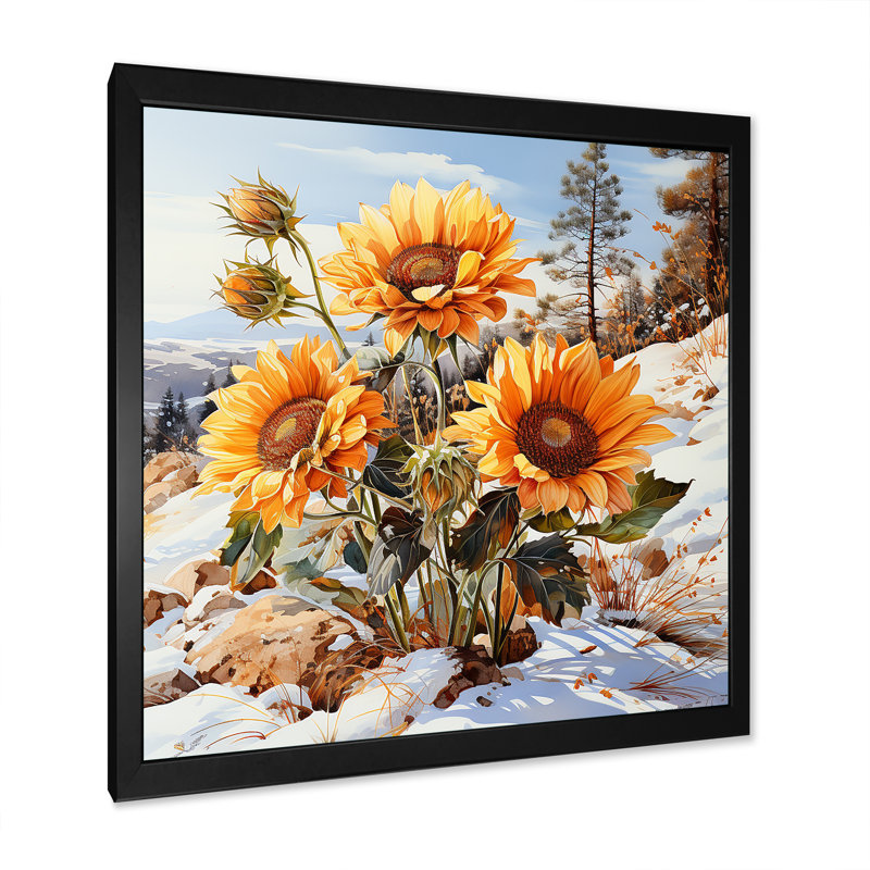 Charme de tournesols en hiver - impression, H 16 po x l 16 po x P 1 po, Cadre simple noir