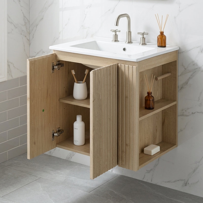 Meuble-lavabo simple 24 po avec lavabo en céramique, meuble-lavabo avec tablette réglable et tablettes latérales ouvertes