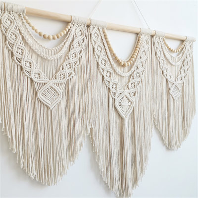 Grande décoration murale en macramé - art mural boho, beige, décor de salon et de chambre à coucher (Beige-V)