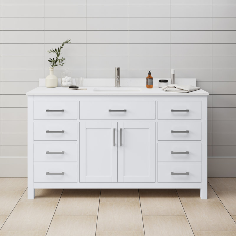 Beckett 60" Single Bathroom Vanity Set, Brushed Nickel, White Cultured Marble, White