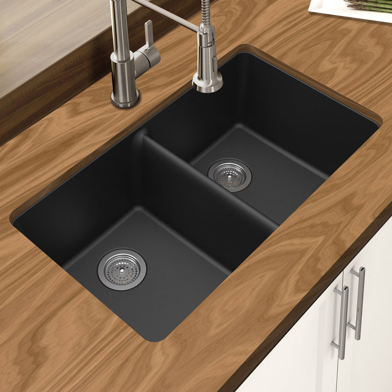 33'' L Double Bowl Granite Kitchen Sink, Black