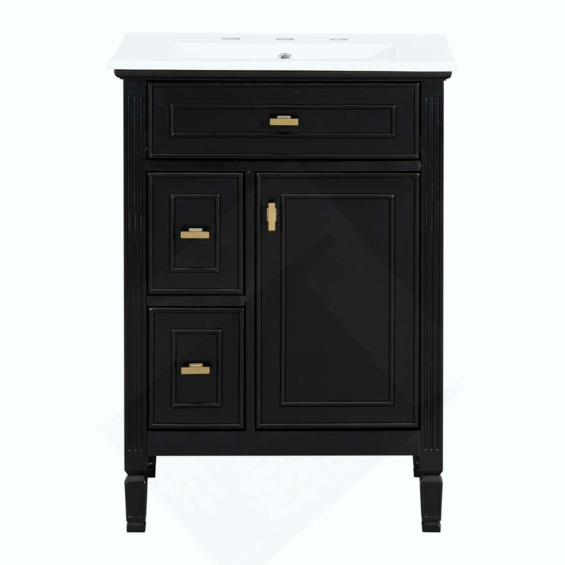 Meuble-lavabo de salle de bain avec lavabo, armoire en bois massif et panneau de fibres à densité moyenne avec un tiroir rabattable, deux tiroirs standard et une tablette réglable, meuble-lavabo autoportant pour le rangement de la salle de bain