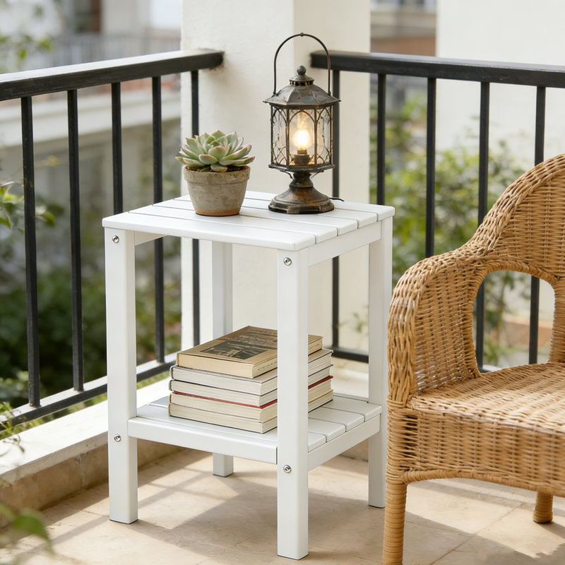 Table de bout extérieure 23,5 po HDPE 2 niveaux, Blanc