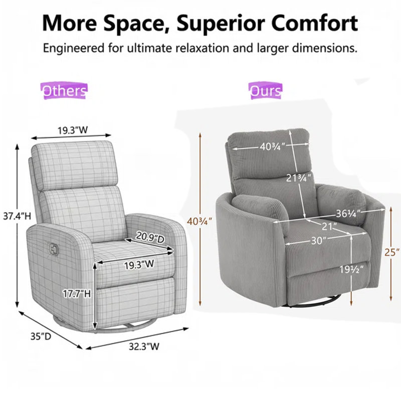 40″ Wide Power Swivel Recliner with USB Charging – Corduroy Glider Barrel Chair