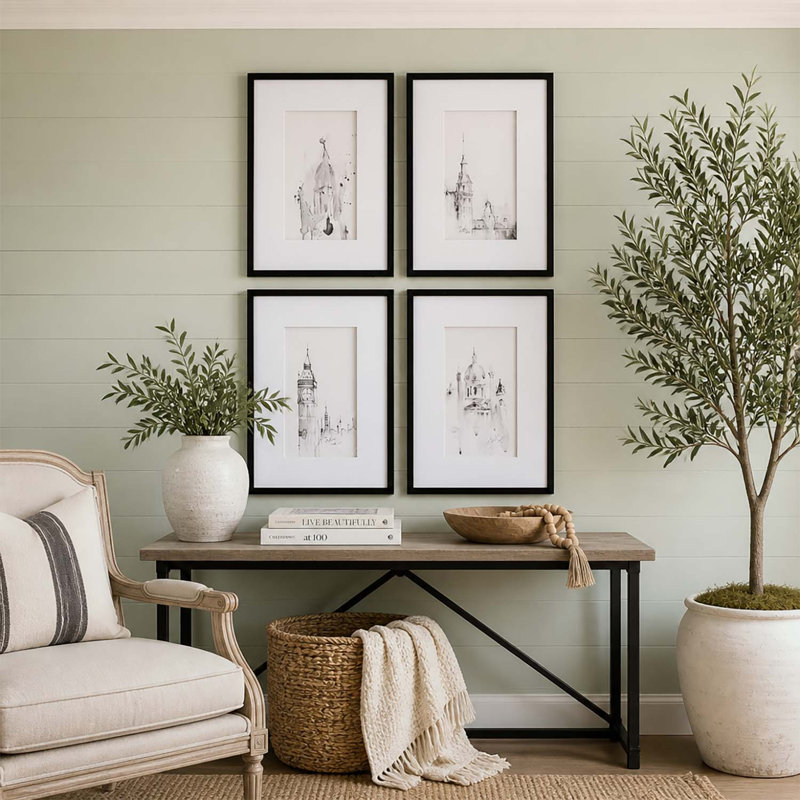Ensemble de quatre reproductions d'art mural architectural avec cadre durable pour une décoration de salon moderne et élégante.