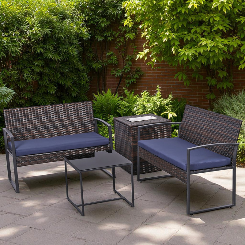 Ensemble de conversation d'extérieur en osier pour 4 personnes avec coussins et table d'appoint avec seau à glace