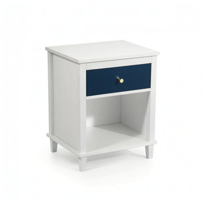 Navy & White Wood Nightstand with Drawer & Shelf, MDF Kids Bedside Table, 26.92"H, 40 lbs Top Load, Easy Assembly
