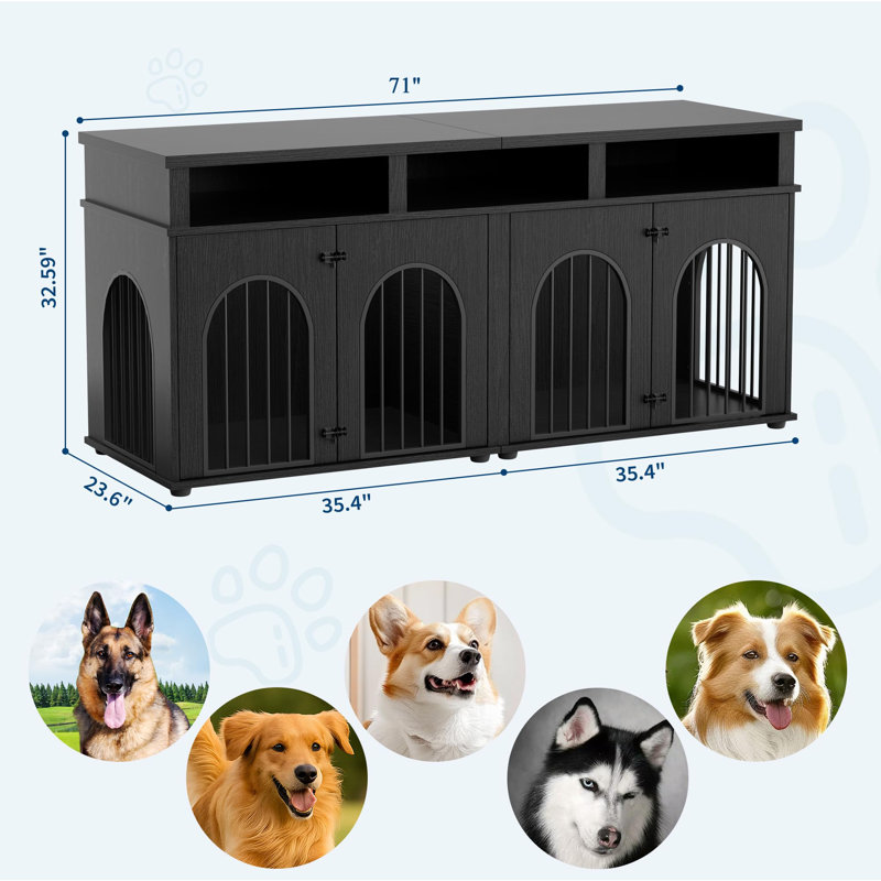 Meuble double 71 po pour 2 chiens de taille moyenne, chenil d'intérieur robuste avec 3 tablettes de rangement ouvertes, 8 pieds réglables, meuble télé en bois d'ingénierie