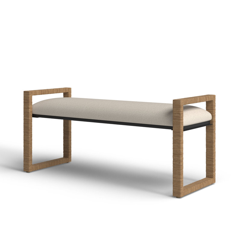 Oatmeal Upholstered Metal Sled Leg Bench with Rattan Frame
