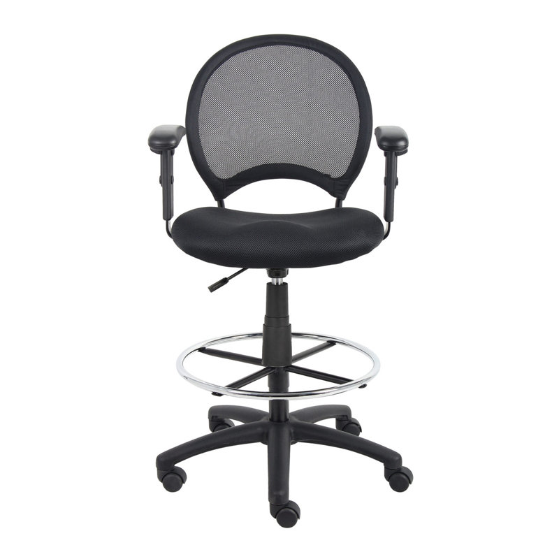 Rea Drafting Stool Chair, Adjustable Arms, Black Mesh, Chrome Footring