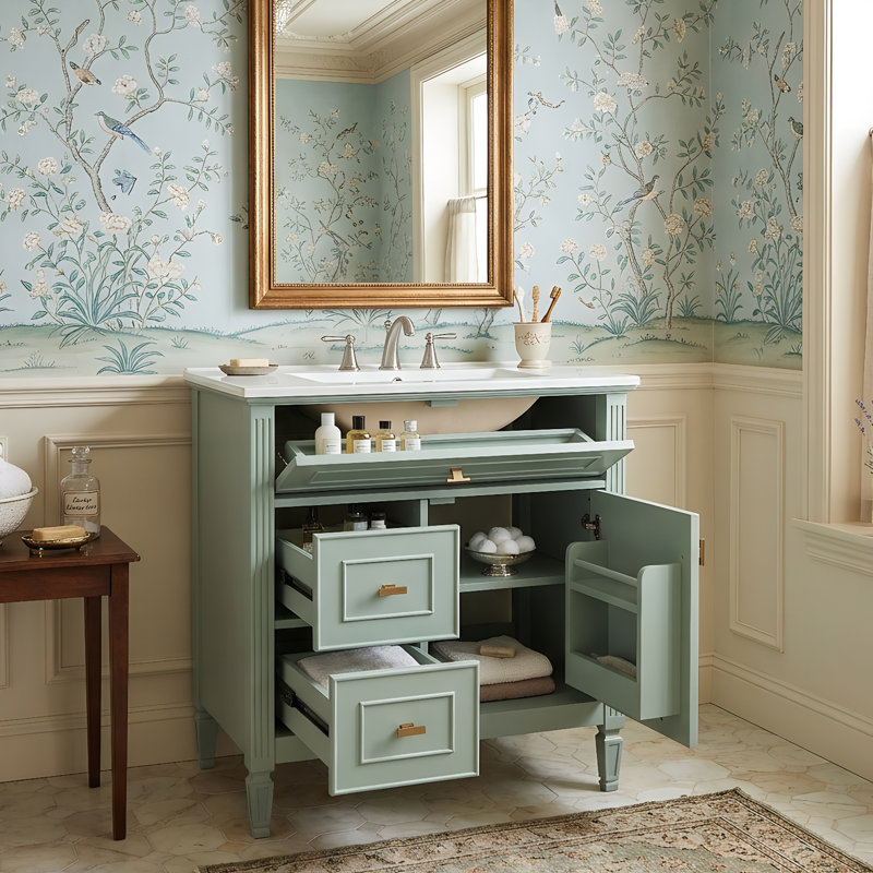 30" Free-Standing Single Bathroom Vanity With Ceramic Sink, Storage Cabinet With Solid Wood Frame & 1 Flip-Out Drawer & 2 Side Drawers