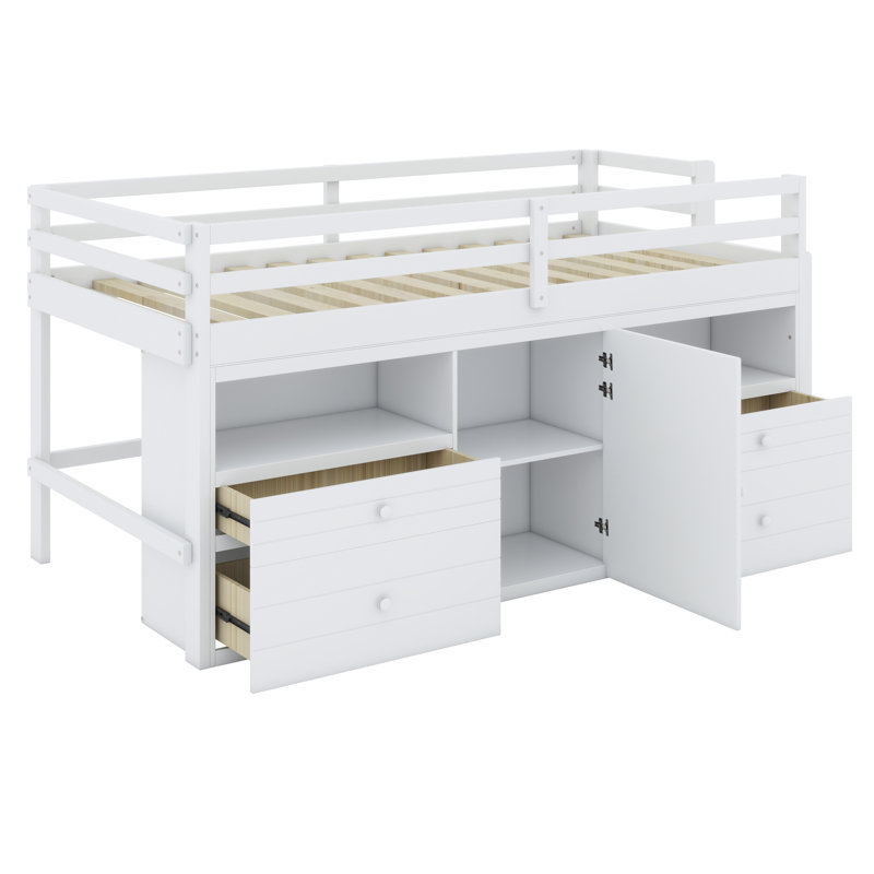 Loft Bed with Drawers, Cabinet and Shelves, White