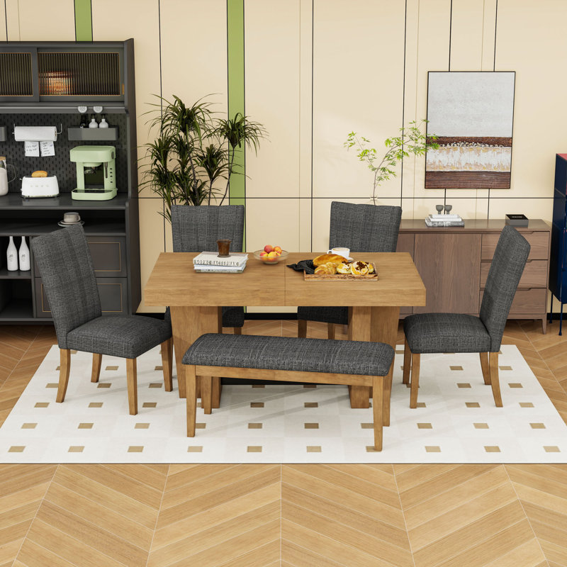 Ensemble de table de salle à manger avec banc et chaises, Brun, Gris