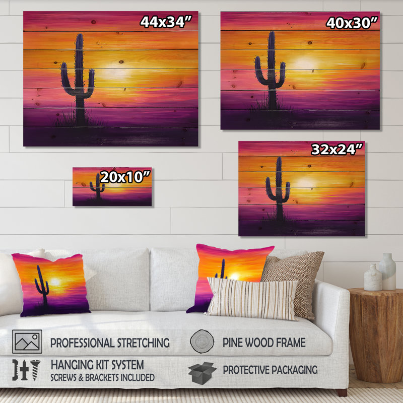 Minimal Cactus Sunset Horizon II - impression traditionnelle en bois orange sur bois de pin naturel, H 10 po x l 20 po