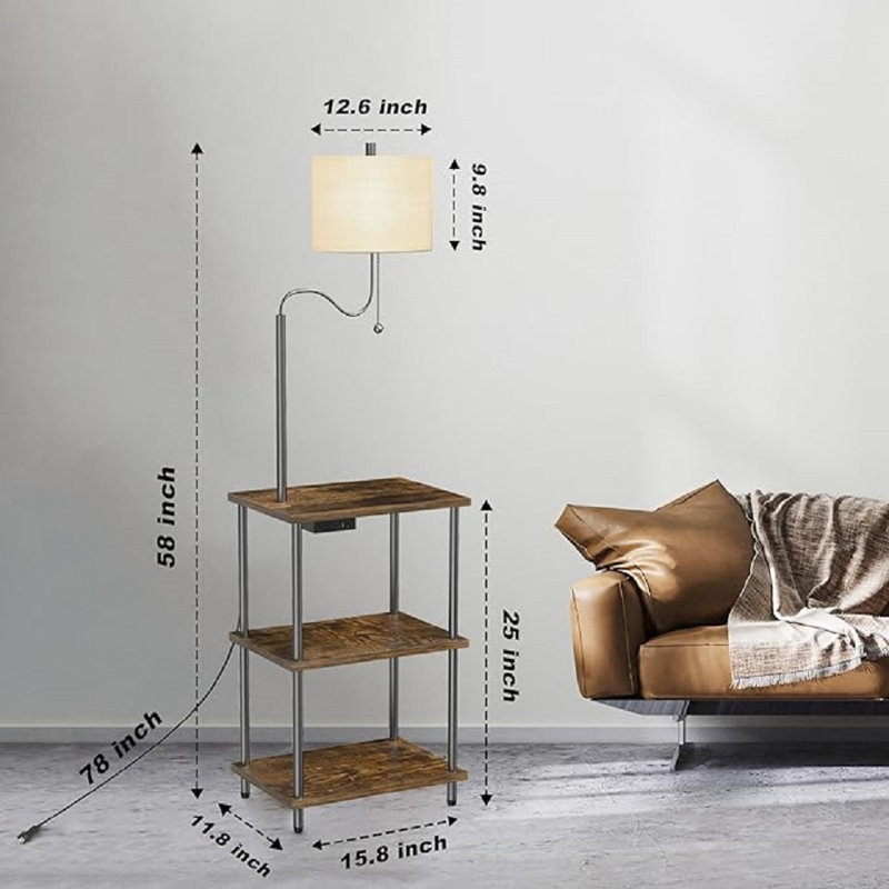 Rustic Brown Wood and Metal Floor Lamp End Table with USB Charging Station