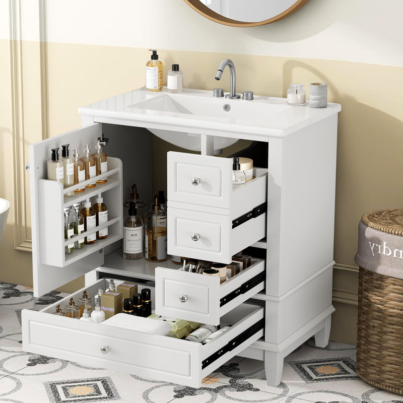 Armoire de meuble-lavabo 30 "avec lavabo en céramique, Blanc, Argent argent