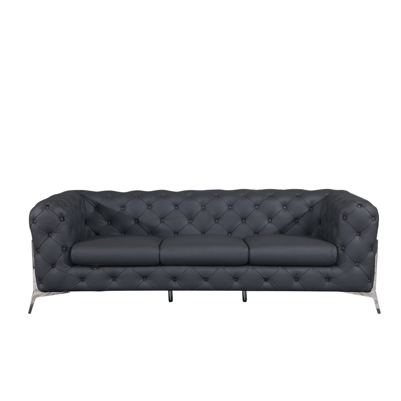 Ehrika Top Grain Italian Leather Sofa, Dark Gray Genuine Leather, Silver