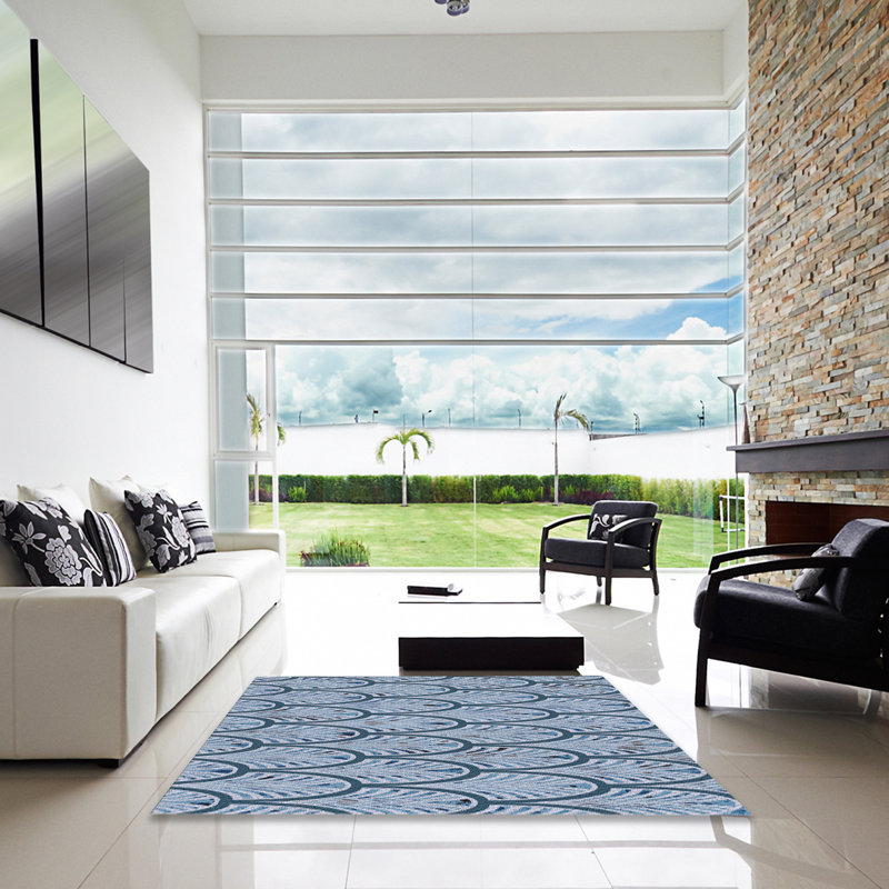 Tapis bleu à motif géométrique, Carré 7 pi