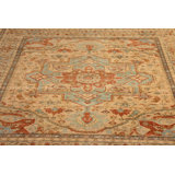 Hand-Knotted Serapi Rug Beige Blue Red Medallion Serapi Pattern By Rug & Kilim