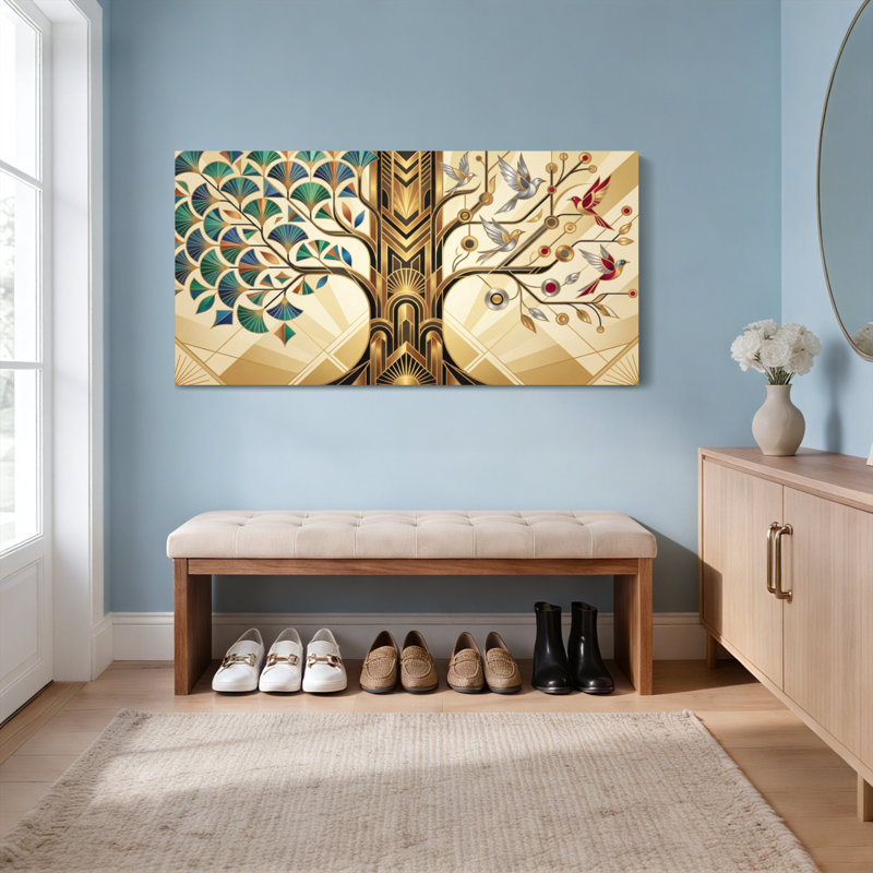 Arbre de vie Art déco avec oiseaux et motifs géométriques, toile tendue sur châssis, lot de 1, H 12 po x l 36 po