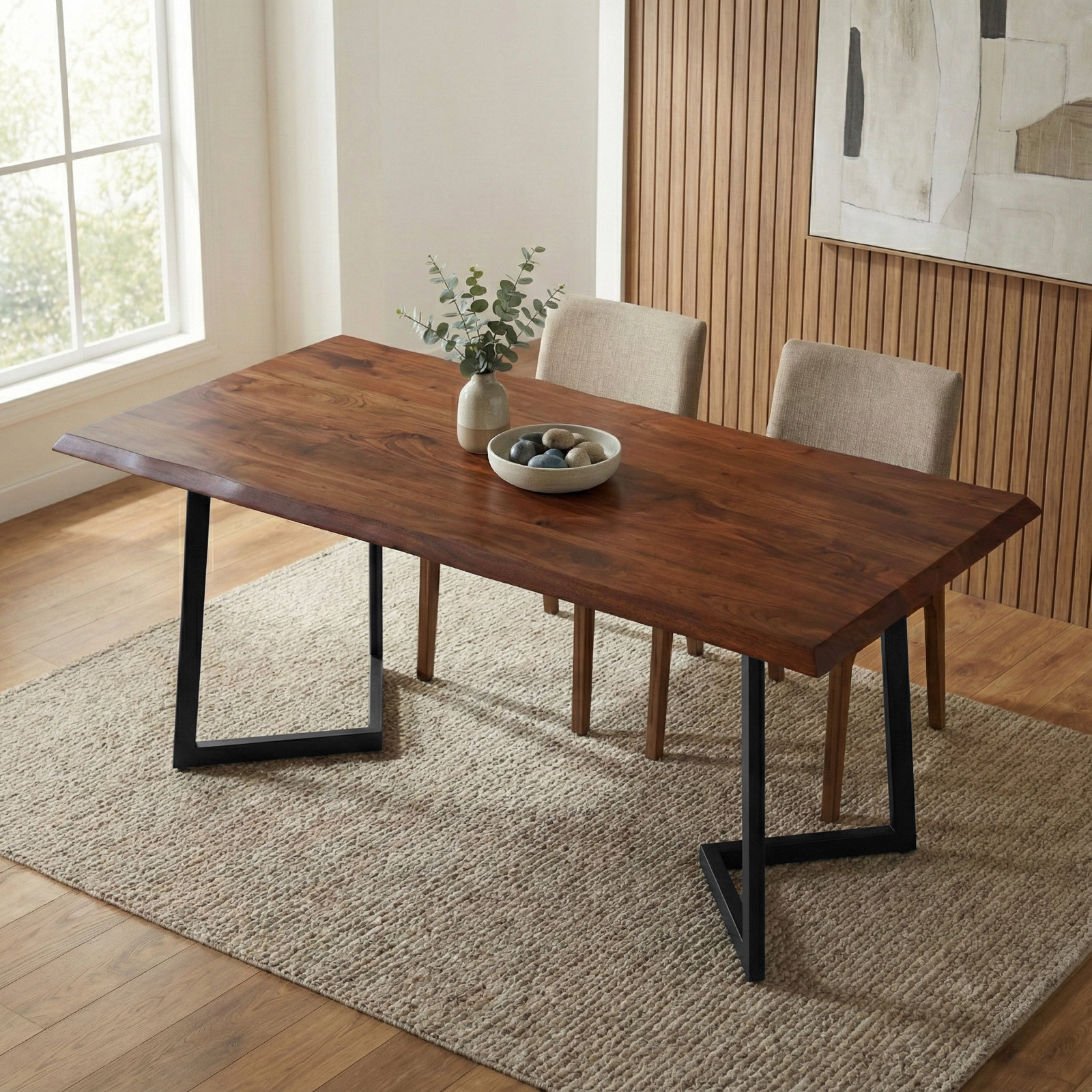 Hylan 72"W Solid Mango Wood Dining Table, Contemporary Style with Metal Legs, Seats 6, Dark Brown/Dark Brown