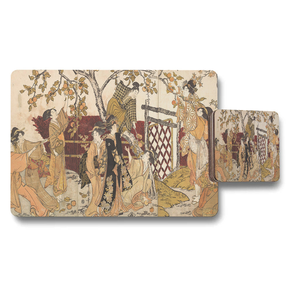 Ukiyoe Style Placemat and Coaster Set with Traditional Japanese Scene