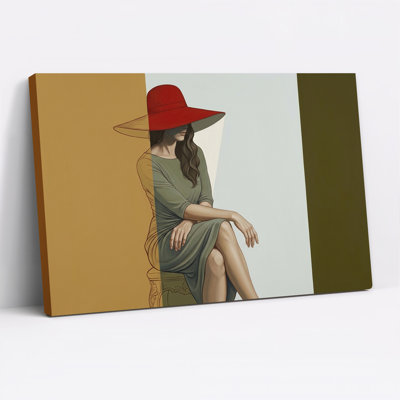 Seated Woman in Red Hat and Olive Green Dress Against Split Canvas Wall Art