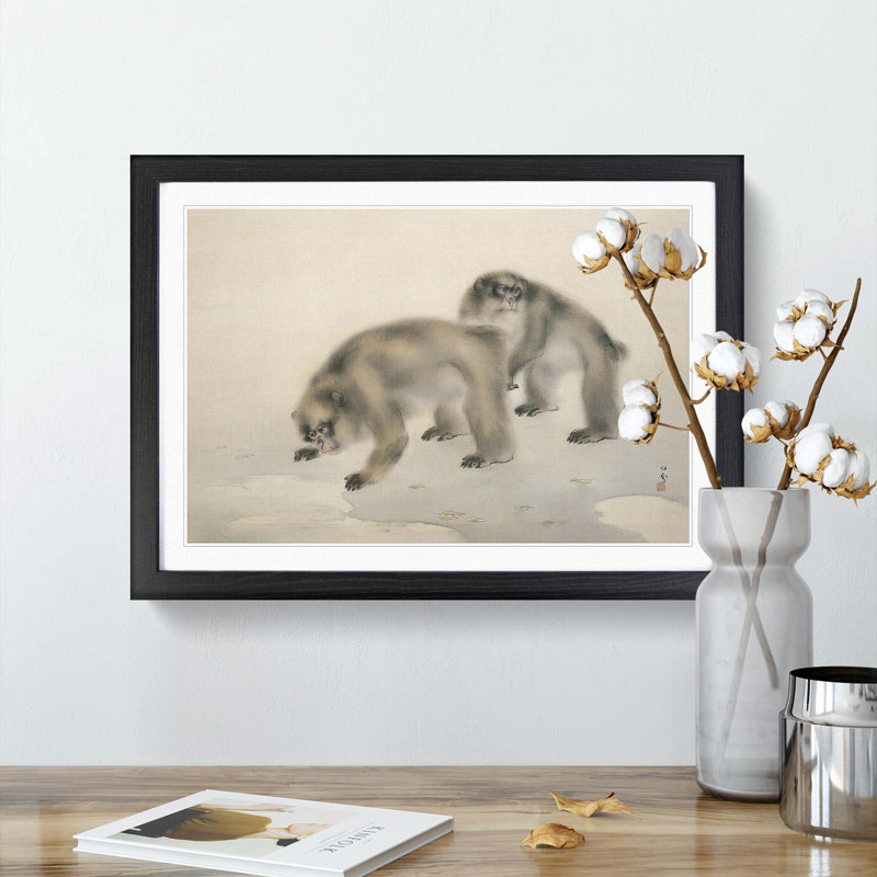 Two Monkeys by Kansetsu Hashimoto - Picture Frame Painting Print, 27cm H x 36cm W x 2cm D, Black Framed
