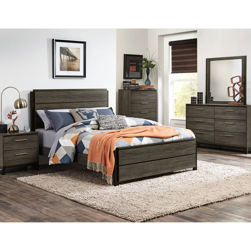 Grand lit contemporain 1Pc avec finition gris antique et brun foncé à 2 tons pour une utilisation dans la chambre à coucher