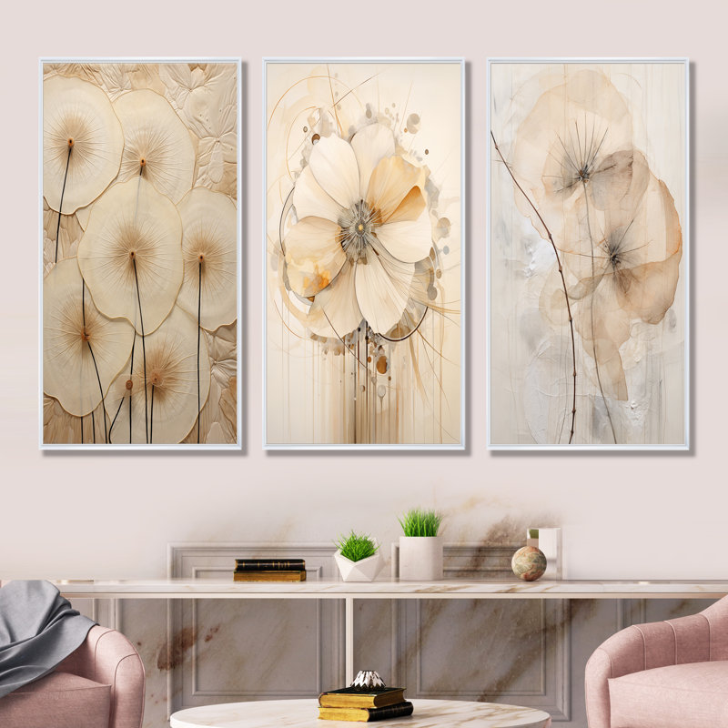 «Luxurious Beige Morning Glory Flower», ensemble de 3 reproductions d'art mural, Cadre flottant blanc, H 40 po x l 60 po