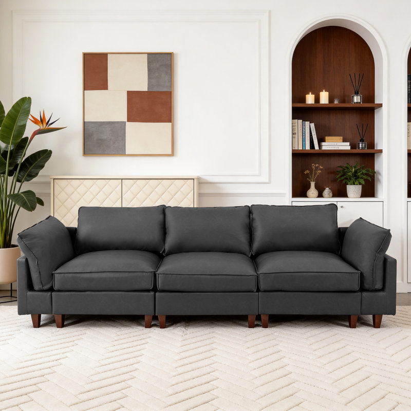 Canapé modulaire rembourré 3 pièces 3 pièces, Faux cuir gris