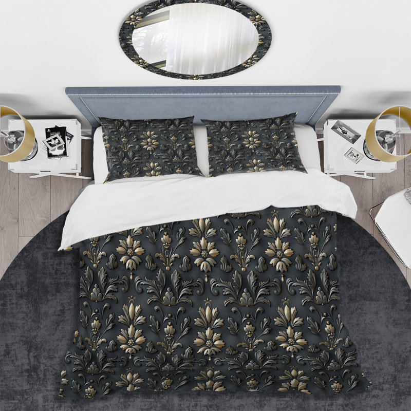 Ensemble de housse de couette transitionnelle gris foncé Glamour Luxe III, Housse de couette pour grand lit et 2 taies décor