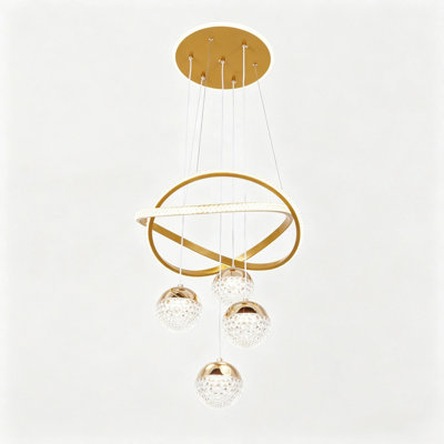 Modern Luxury Gold Intertwined Ring LED Pendant Light, 4 Crystal Globes with Illuminated Canopy, Adjustable Height for Kitchen Dining Room