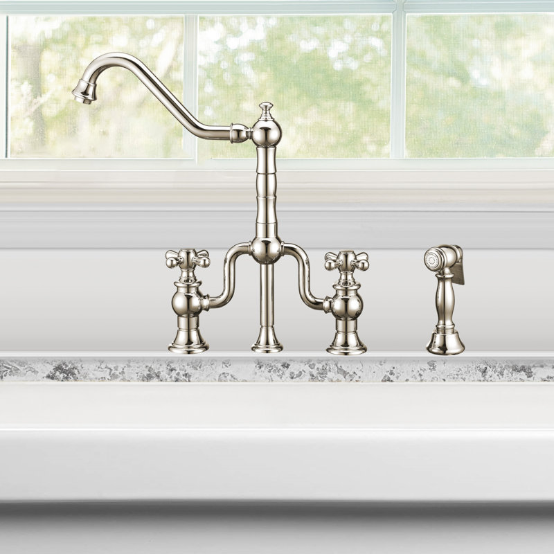 Whitehaus Bridge Faucet with Long Traditional Swivel Spout, Solid Side Spray, Polished Nickel, Cross Handle