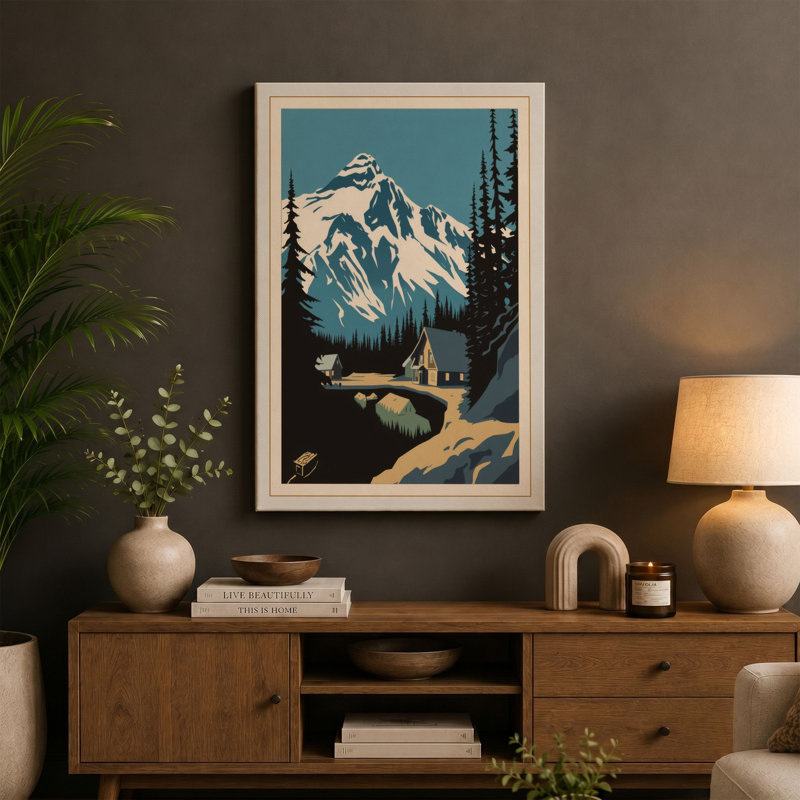 Mountain at Silence Japandi - Wrapped Canvas, 36x24 - 91.4 x 61.0 cm, Terracotta Border