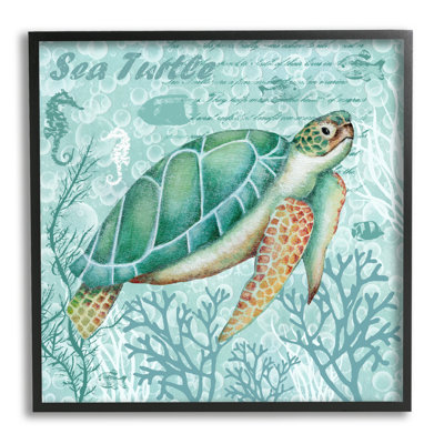 Sea Turtle Detailed Coral Silhouettes Fancy Script by Emma Leach - Floater Frame Print on Canvas