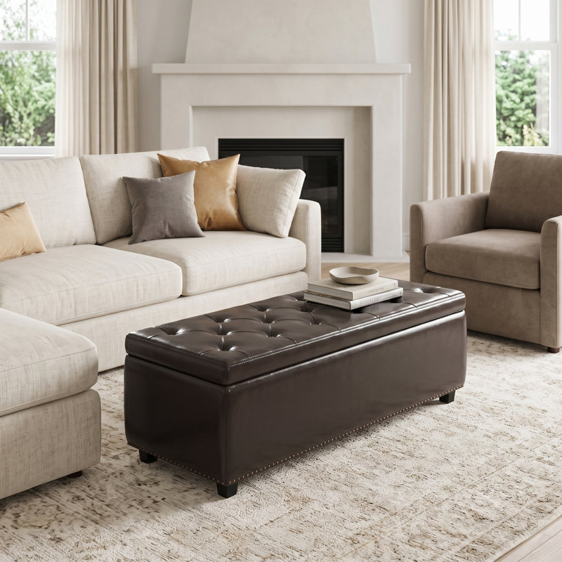 Hamilton 48"W Upholstered Vegan Leather Transitional Rectangular Lift-Up Storage Ottoman Bench with Nailhead Trim
