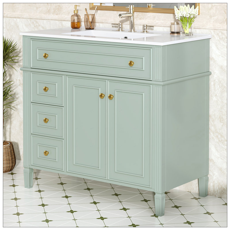 Meuble-lavabo de 36 po avec lavabo, armoire en bois massif avec tiroir rabattable, 3 tiroirs et 2 portes à fermeture en douceur, poignées dorées et design moderne