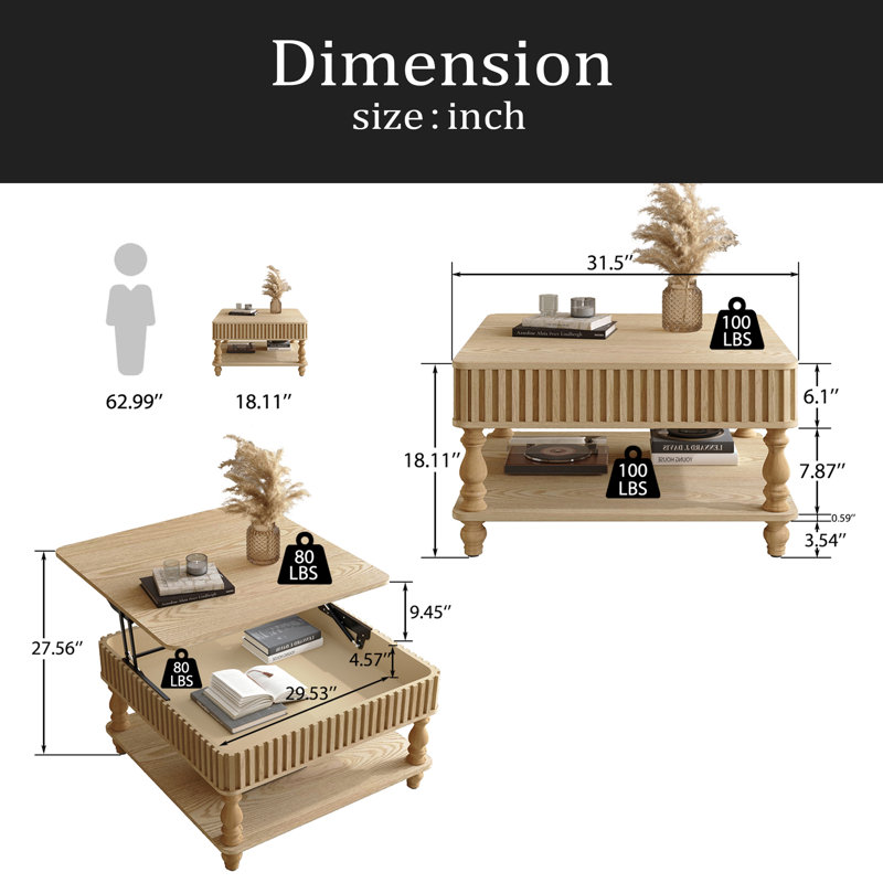 Table basse à plateau relevable cannelé 31,5 pouces avec rangement ouvert et caché, mécanisme de levage hydraulique, pieds en bois massif rétro pour le salon, canapé