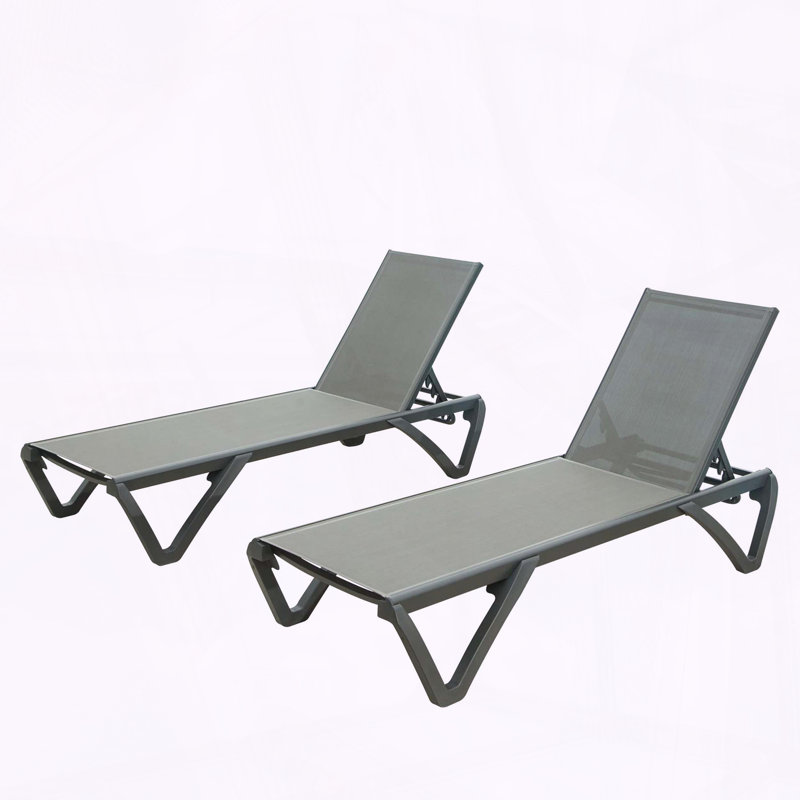 Set of 2 Aluminum Chaise Lounges with 5-Position Back, Gray