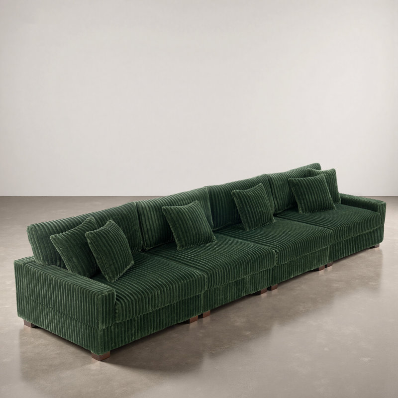 4 - Piece Upholstered Faux Rabbit Fur Flannel Modular Sectional Sofa with Armrests & Throw Pillows, Green