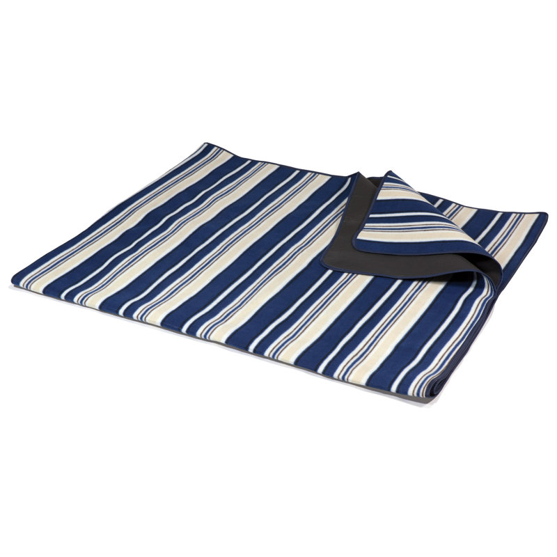 XL Outdoor Water-Resistant Picnic Blanket Tote, Blue Stripe Pattern with Navy Flap
