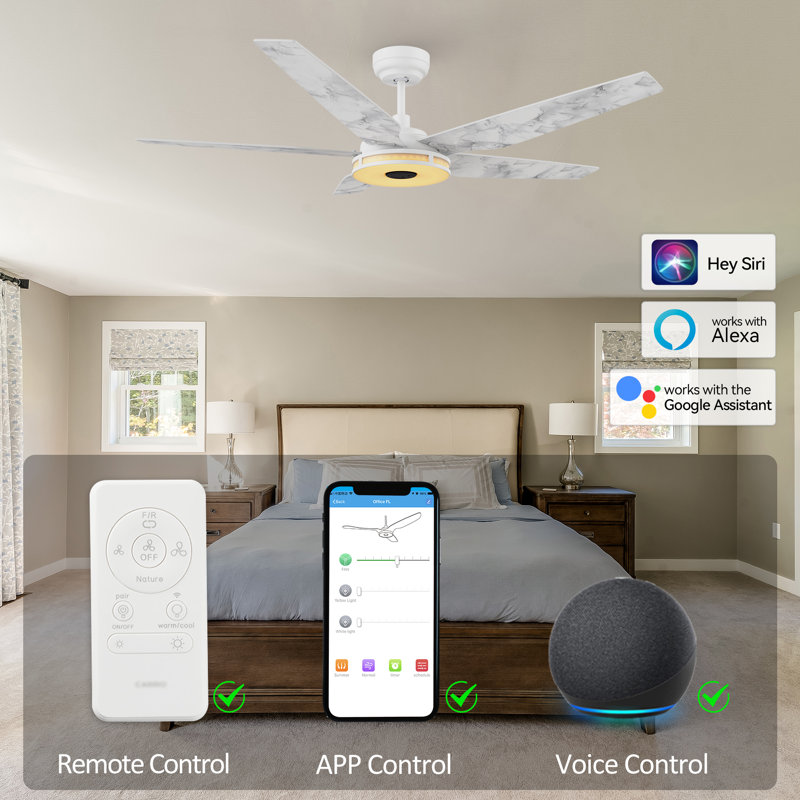 Fundora 52'' Ceiling Fan with LED Lights, 56'', White, White Marble