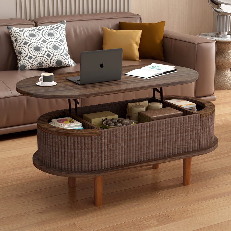 Table basse à plateau relevable cannelé avec compartiment caché
