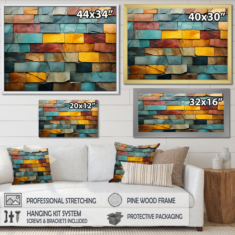 Boho terre élément pierre mosaïque II - Boho mosaïque murale, Toile tendue, H 28 po x l 60 po x P 1,5 po